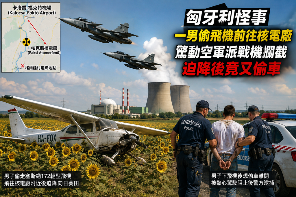 匈牙利怪事 一男偷飛機前往核電廠　驚動空軍派戰機攔截 迫降後竟又偷車